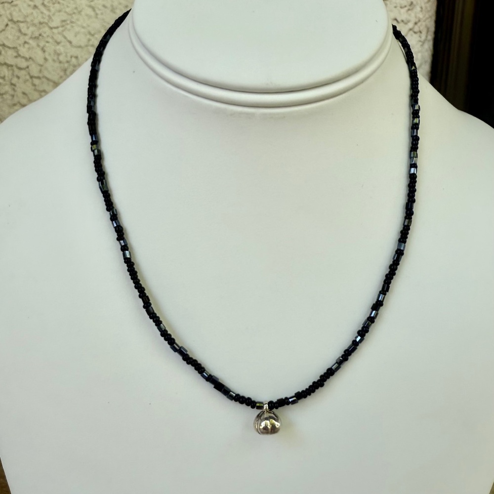 Pumpkin Silver Tone Pendant Black & Charcoal Gray Beaded Necklace